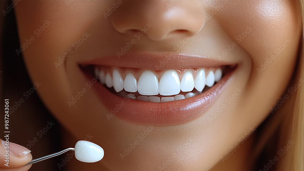 Obraz premium Concept teeth whitening or facings. Beautiful young woman teeth. Teeth whitening. Dental health concept. Teeth whitening procedure. Dental care. Dentistry concept. Perfect healthy teeth. Closeup