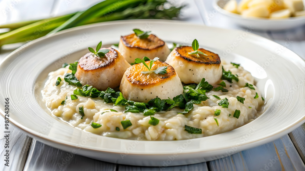Creamy risotto dish with seaweed and pan-seared scallops on a white plate, food, seafood, risotto, creamy, delicious, gourmet