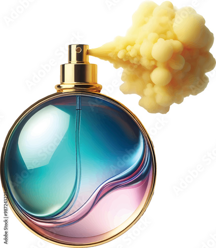 transparent perfume glass bottle yellow smoke like fragrance is coming out