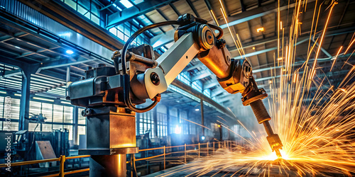 Robotic arm in steel manufacturing, sparks flying gracefully, robotic arm, steel manufacturing, sparks photo