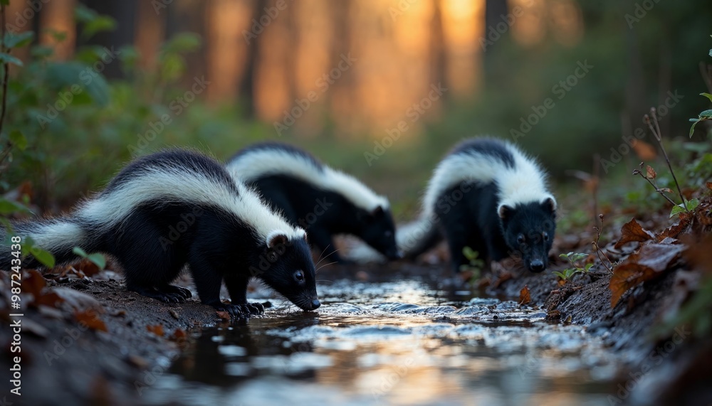 Obraz premium Group of Skunks Drinking Water at Sunset in Forest