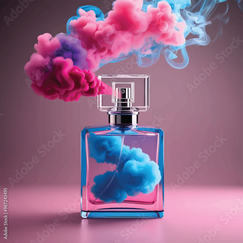transparent perfume glass spuare shape bottle purple blue and pink colors smoke like fragrance is coming out