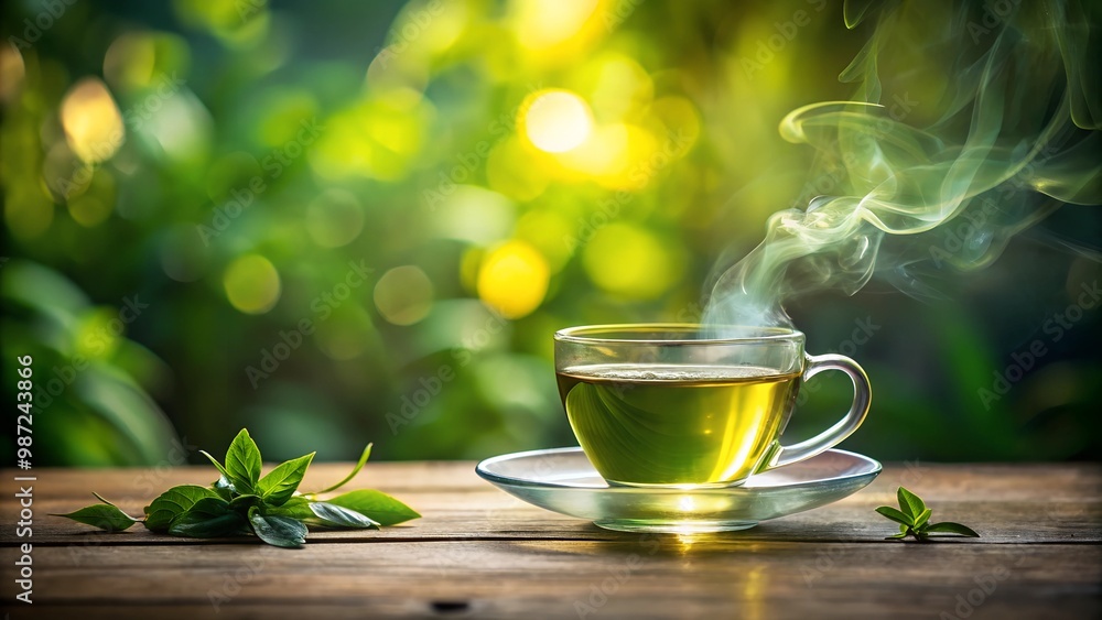 Steaming cup of green tea on a glass saucer with fresh leaves in a serene garden setting - copy space Steaming cup of green tea on a glass saucer with fresh leaves in a serene garden setting - copy space