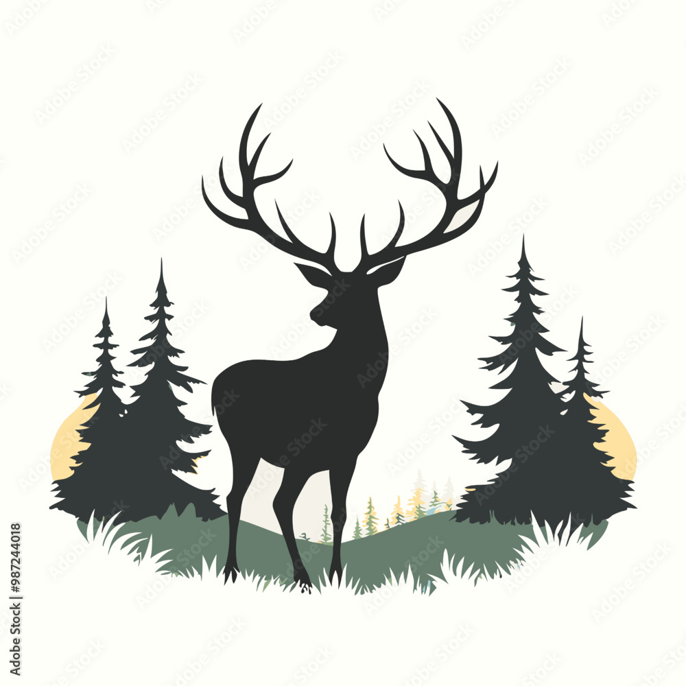 a black and white silhouette of a deer standing in the middle of a forest. vector silhouette a black and white silhouette of a deer standing in the middle of a forest. vector silhouette