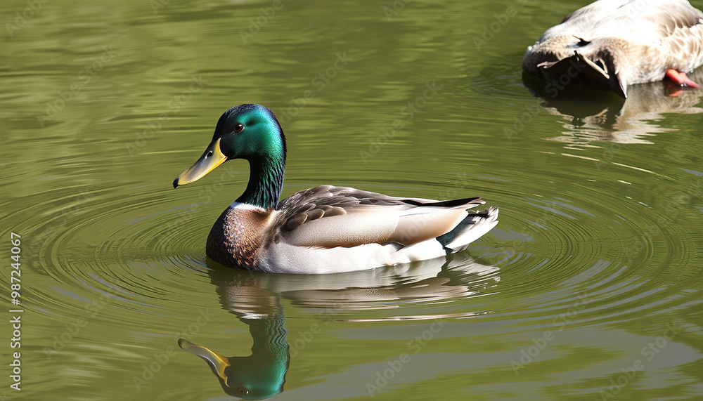 Fototapeta premium Duck with Reflections Swimming in a Pond