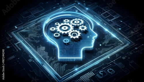 Creative head outline and cogs ai hologram on dark blue tech background with mock up place. Artificial intelligence and machine learning concept. 3D Rendering