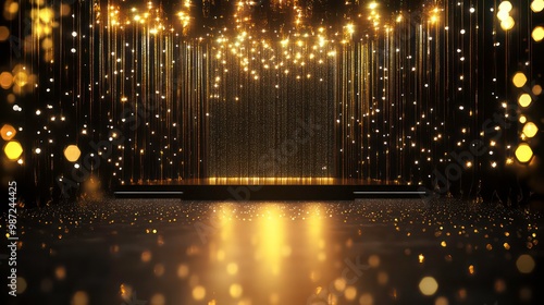 Black stage with golden lights and a platform in the middle.