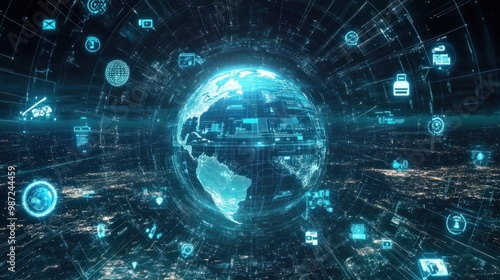 Wallpaper Mural A holographic projection of the Earth with various communication icons around it, symbolizing global connectivity. Torontodigital.ca