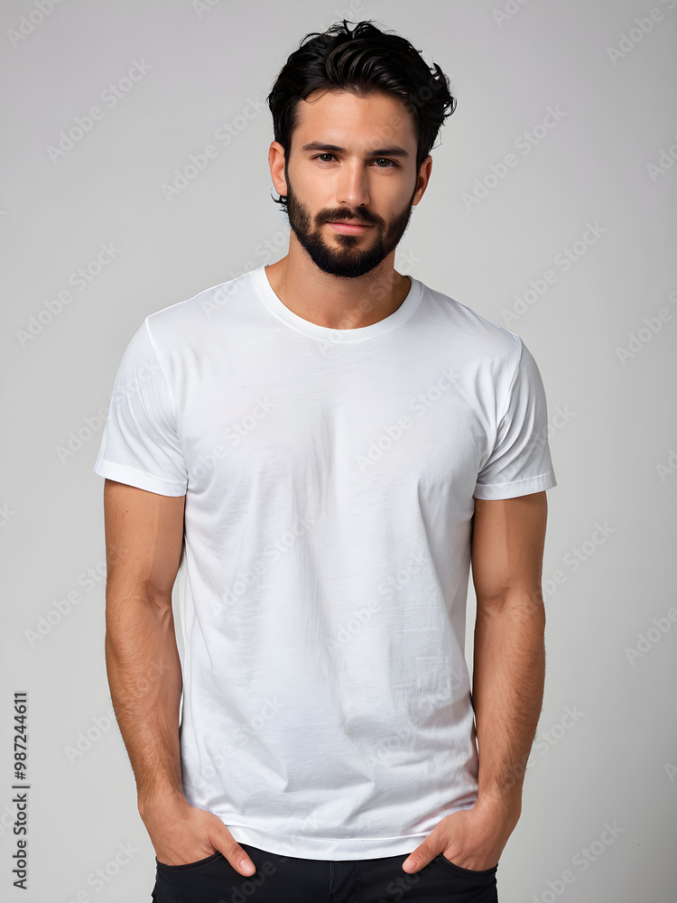 Man wearing white t-shirt isolated on a perfect background, closeup. Mockup for design. Generative AI Man wearing white t-shirt isolated on a perfect background, closeup. Mockup for design. Generative AI