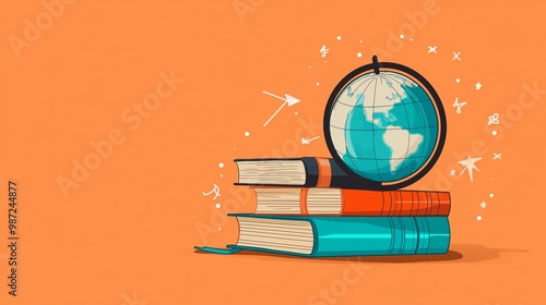 International Literacy Day flat design with [books] and [globe] on [orange] background. photo