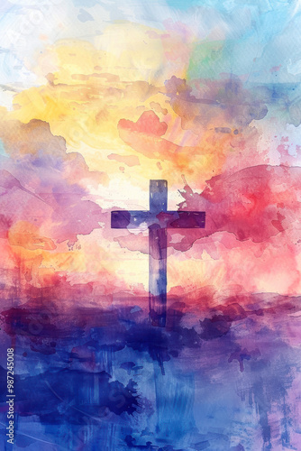 Abstract cross in vibrant sunset colors in artwork