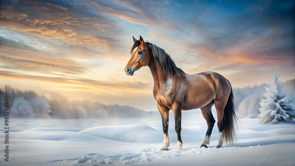 Obraz premium A majestic horse standing gracefully in a snow-covered landscape, winter, snow, horse, animal, cold, nature, wilderness