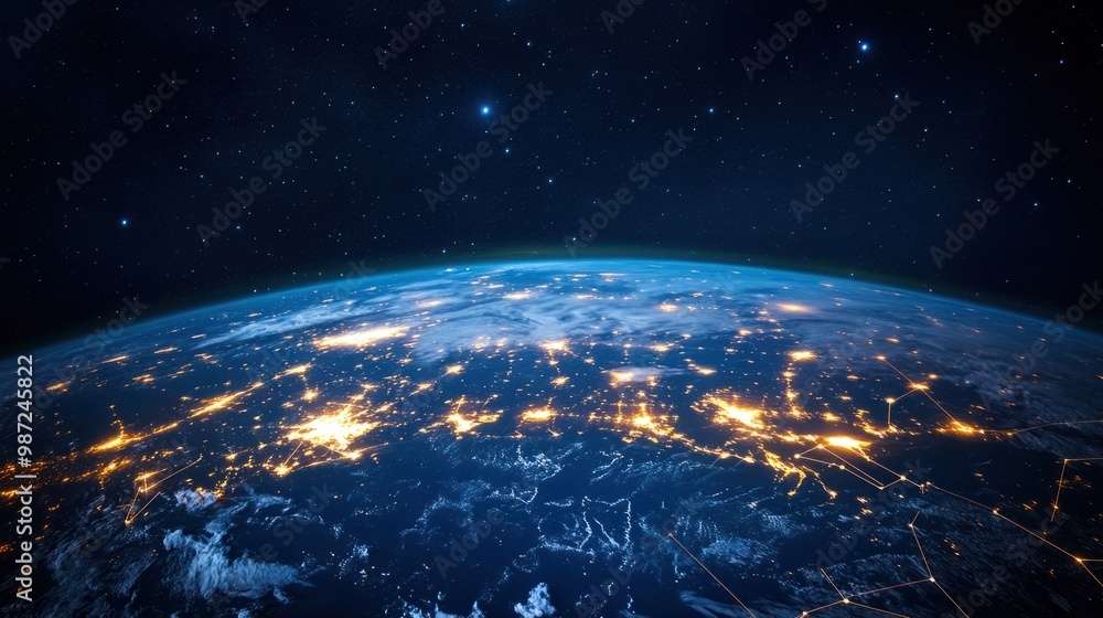 Obraz premium Abstract image of Earth with glowing lines connecting cities, symbolizing international communication and data flow.