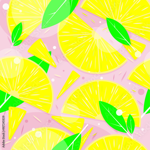 background patern juicy lemon with green leaves