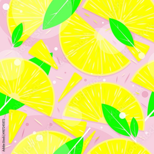 background patern juicy lemon with green leaves