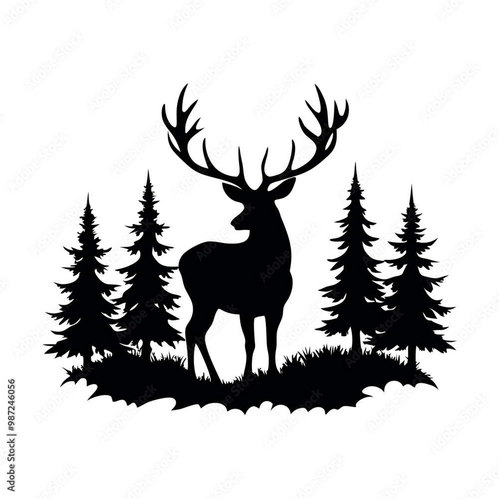 Obraz premium a black and white silhouette of a deer standing in the middle of a forest. vector silhouette