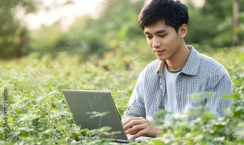 A young Asian male farmer uses a laptop to analyze photo