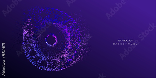 AI Technology particles banner. Dots explosion ai big data neon round background. Artificial Intelligence futuristic circles connect vector design.