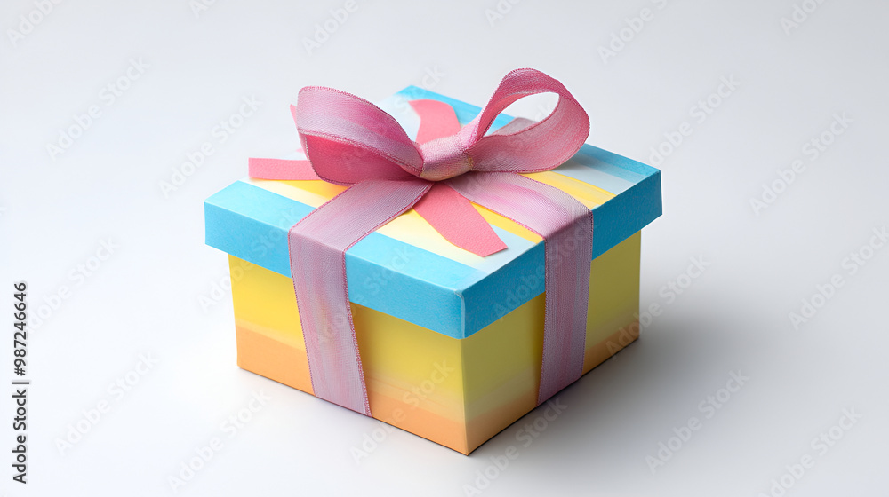 Fototapeta premium Colorful gift box with ribbon , Isolated on white background , A whimsical gift box with rainbow stripes and a multicolored box on white background 