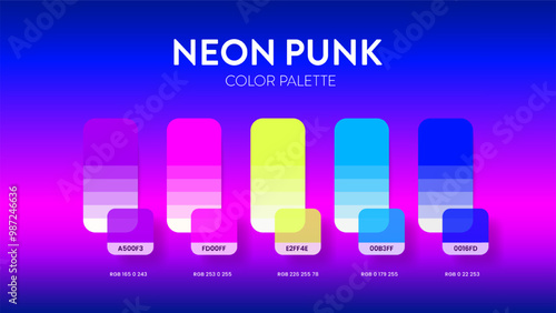 Color palette guide in Neon Punk colour theme collections. Color inspiration or chart with codes template. Color combination RGB. Colors swatches for graphic design, art, fashion, web or painting.