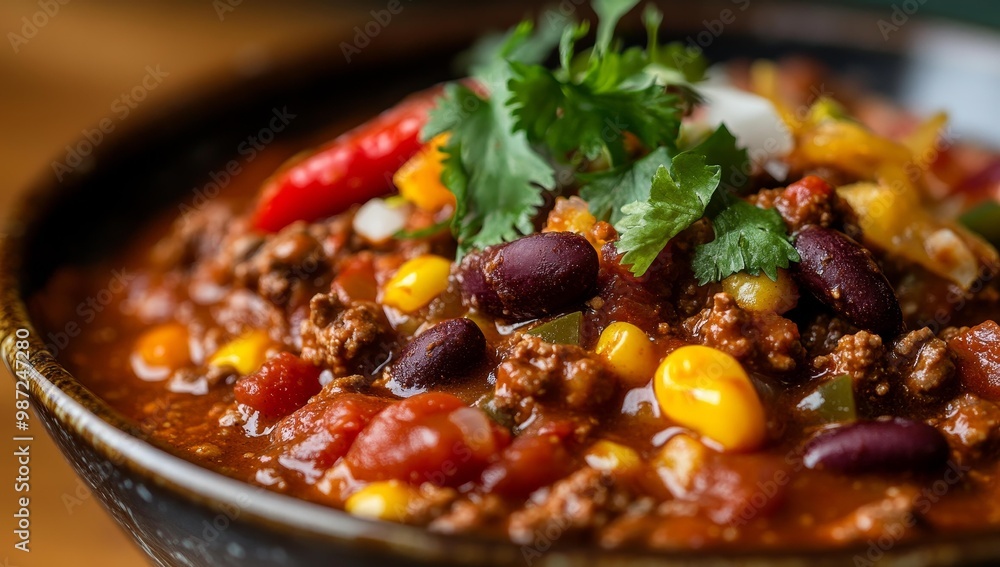 Hearty chili topped with fresh cilantro. Hearty chili topped with fresh cilantro.