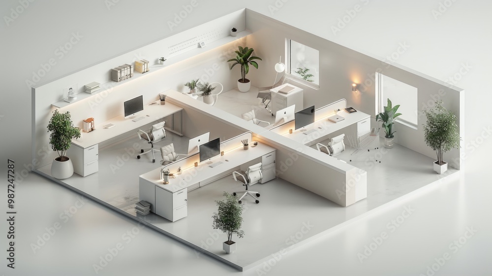 White cubicles arranged in an isometric view, set against a white background. White cubicles arranged in an isometric view, set against a white background.