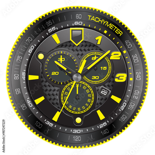 Realistic watch chronograph steel dashboard black rubber clockwise yellow arrow number fashion for men design luxury isolated vector