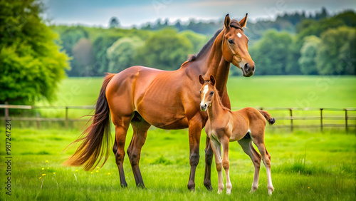 Majestic mare and her adorable foal standing in a green pasture, Horse, foal, mare, pasture, nature, adorable, young