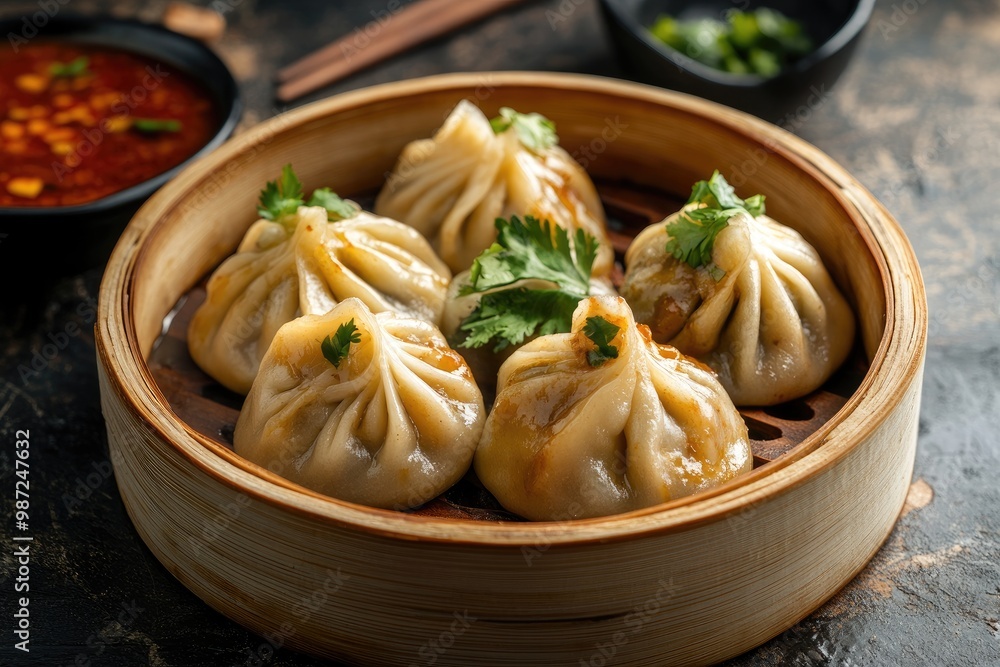 Steamed Nepali dumpling Momo with sauce stuffed chicken, meat, seafood or vegetables , ai Steamed Nepali dumpling Momo with sauce stuffed chicken, meat, seafood or vegetables , ai
