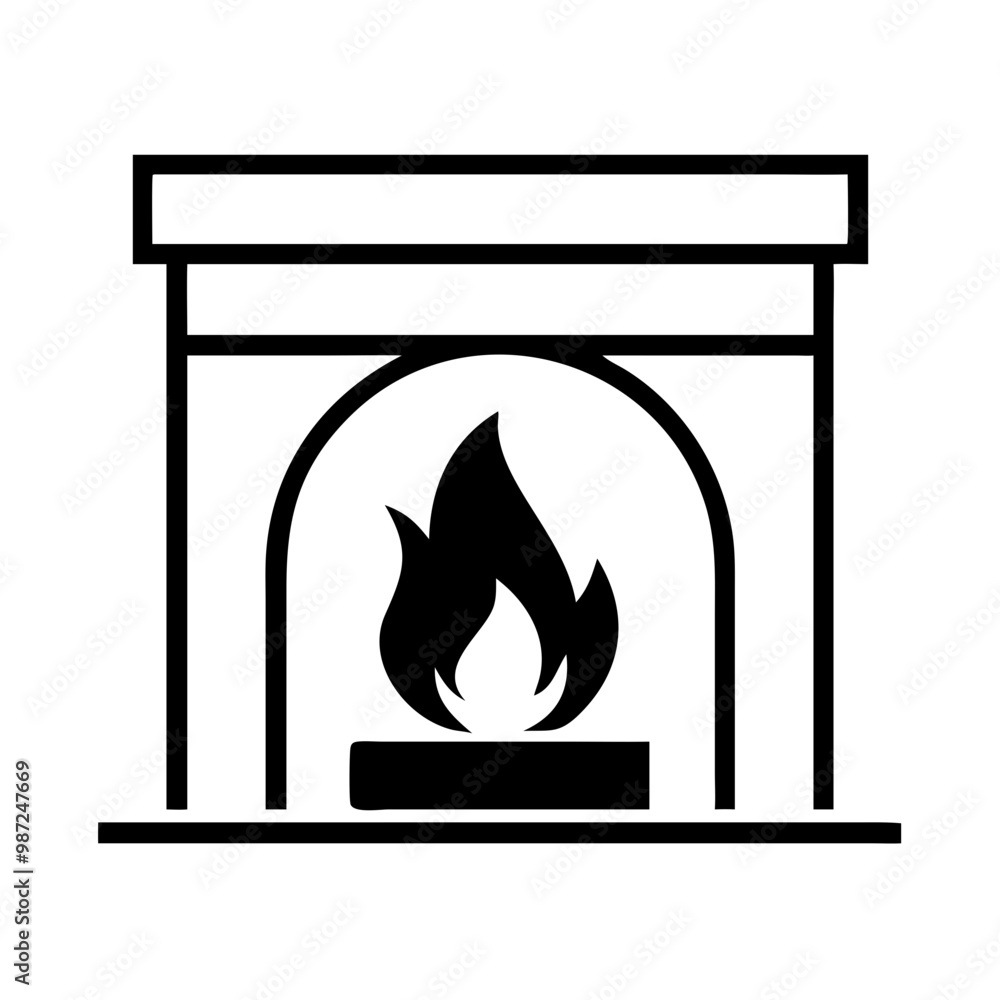 Simple fireplace icon, black outline of a cozy fireplace with a flame on a white background Simple fireplace icon, black outline of a cozy fireplace with a flame on a white background