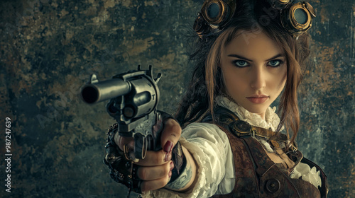 A woman in a Victorian style costume holding a gun. Scene is dark and ominous