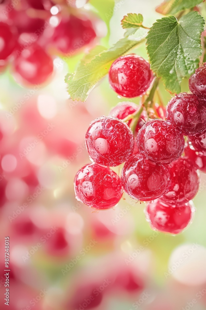 A tight shot of grapes bunched on a branch, adorned with water beads Green foliage serves as the backdrop A tight shot of grapes bunched on a branch, adorned with water beads Green foliage serves as the backdrop