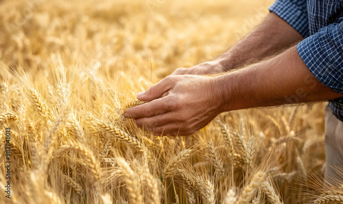 Checking barley crop ears before harvest, close up of male farmer's hand in field photo