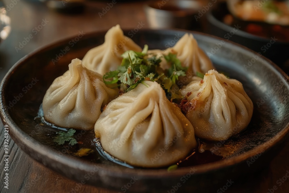 Steamed Nepali dumpling Momo with sauce stuffed chicken, meat, seafood or vegetables , ai Steamed Nepali dumpling Momo with sauce stuffed chicken, meat, seafood or vegetables , ai