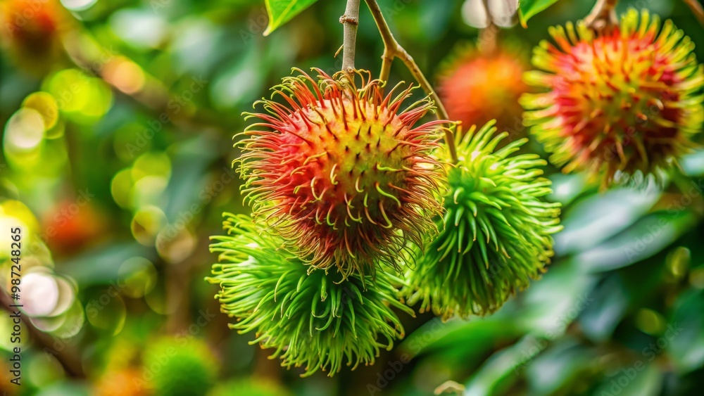 The green rambutan fruit swayed gently in the breeze, its spiky red skin encasing the fruit's smooth surface The green rambutan fruit swayed gently in the breeze, its spiky red skin encasing the fruit's smooth surface