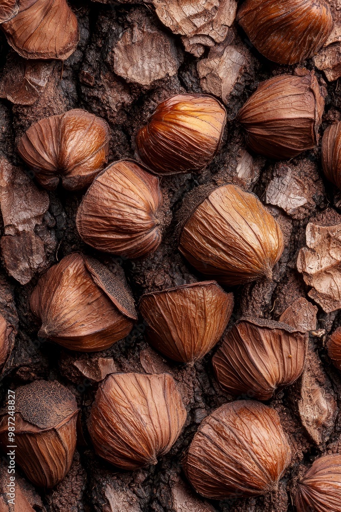 A pile of nuts atop brown dirt Nearby, another pile of dirt holds a bunch of nuts A pile of nuts atop brown dirt Nearby, another pile of dirt holds a bunch of nuts