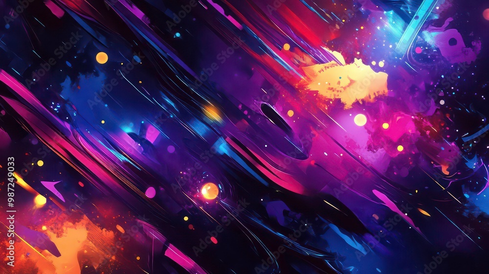 Abstract background with purple and orange hues and glowing dots. Abstract background with purple and orange hues and glowing dots.