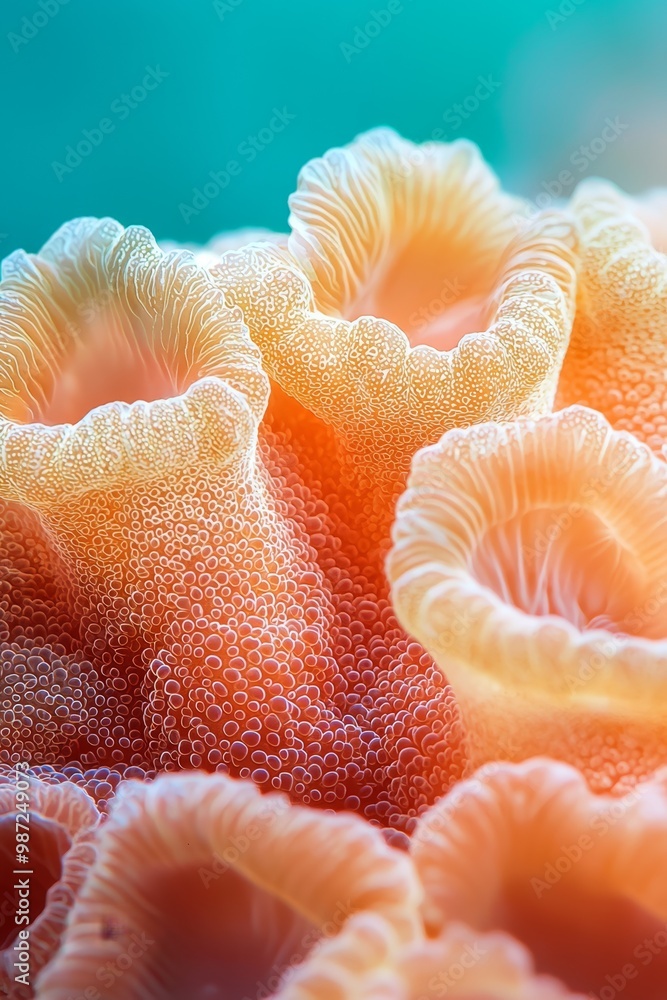  A tight shot of an orange-white sea anemone, adorned with water beads above and below