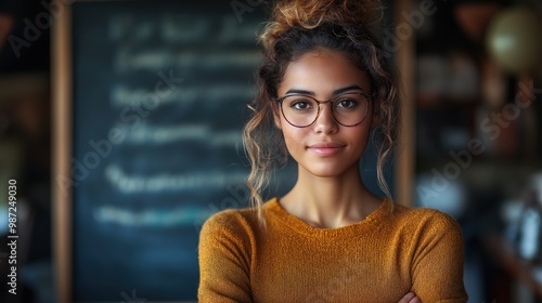 A young entrepreneur standing in front of a blank chalkboard in a small office, their gaze focused on the potential ahead despite the uncertainty.