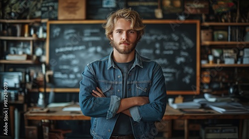 A young entrepreneur standing in front of a blank chalkboard in a small office, their gaze focused on the potential ahead despite the uncertainty.