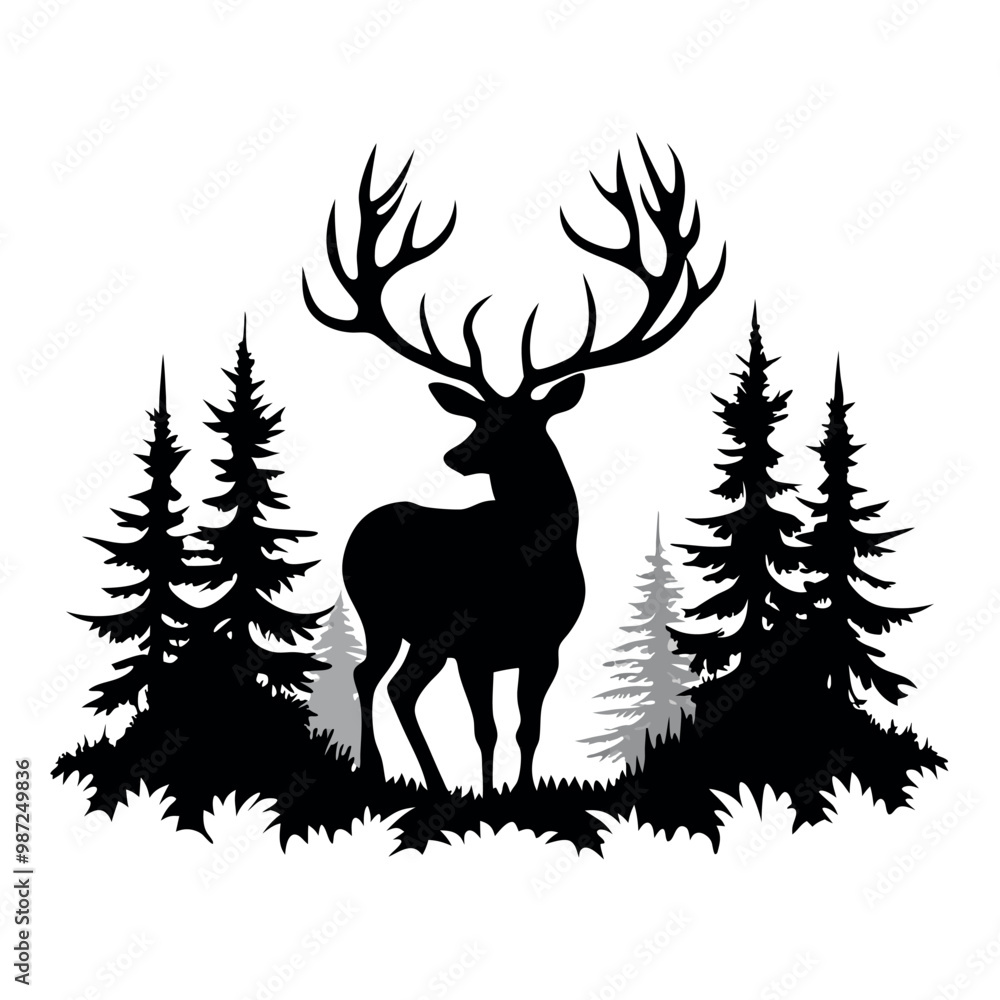 Obraz premium a black and white silhouette of a deer standing in the middle of a forest. vector silhouette