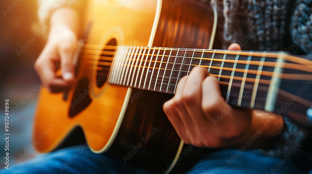 Obraz premium A close-up of a person playing an acoustic guitar in a warm, sunlit setting.