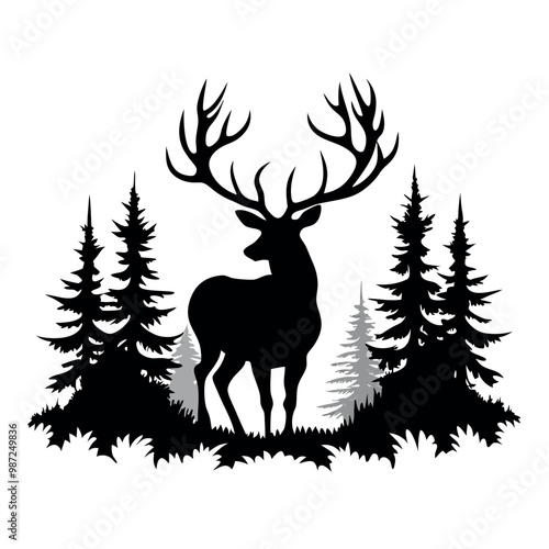 a black and white silhouette of a deer standing in the middle of a forest. vector silhouette