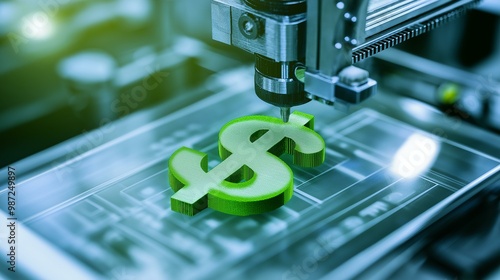 3D Printer Creating Green Dollar Sign Symbolizing Innovation and Financial Growth