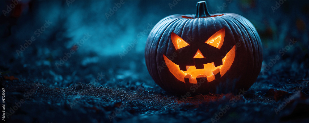 Fototapeta premium Halloween pumpkin in a dark forest, spooky background with a glowing jack-o'-lantern and a foggy night sky.