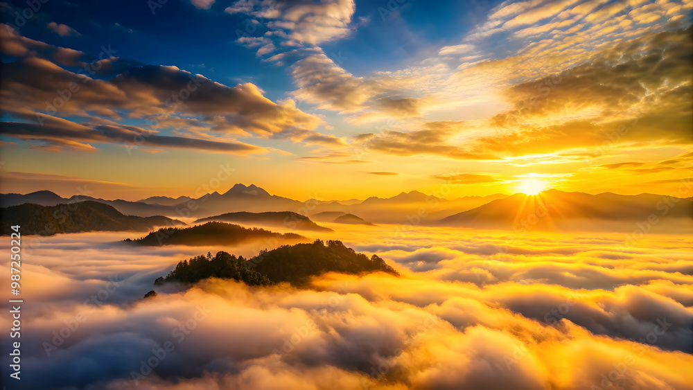 Fototapeta premium Sunrise golden clouds over mountains and fog , sunrise, golden, clouds, sky, silhouette, mountains, fog, nature, tranquil