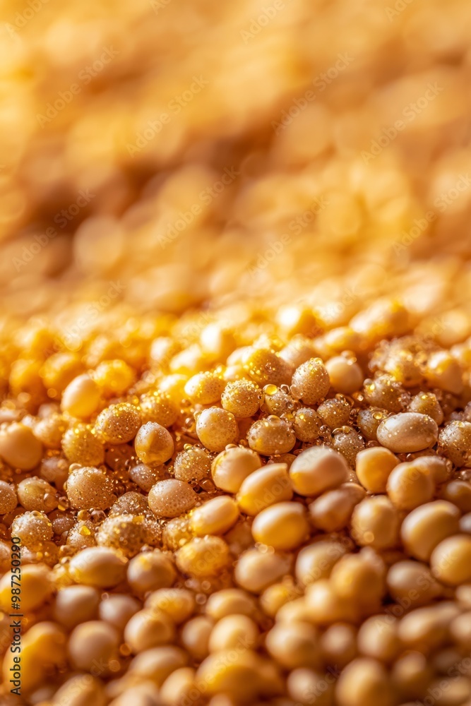 A tight shot of yellow and brown beads in a cluster, adorned with water droplets precariously perched atop A tight shot of yellow and brown beads in a cluster, adorned with water droplets precariously perched atop