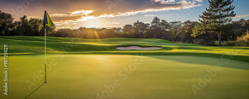 Beautiful golf course with green fairway and flag on the side, golden hour lighting, beautiful sky, trees in the background, wide shot. photo