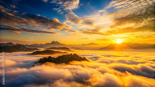 Sunrise golden clouds over mountains and fog , sunrise, golden, clouds, sky, silhouette, mountains, fog, nature, tranquil