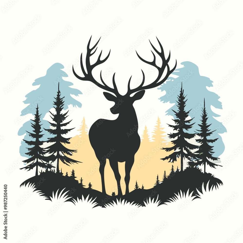 a black and white silhouette of a deer standing in the middle of a forest. vector silhouette a black and white silhouette of a deer standing in the middle of a forest. vector silhouette